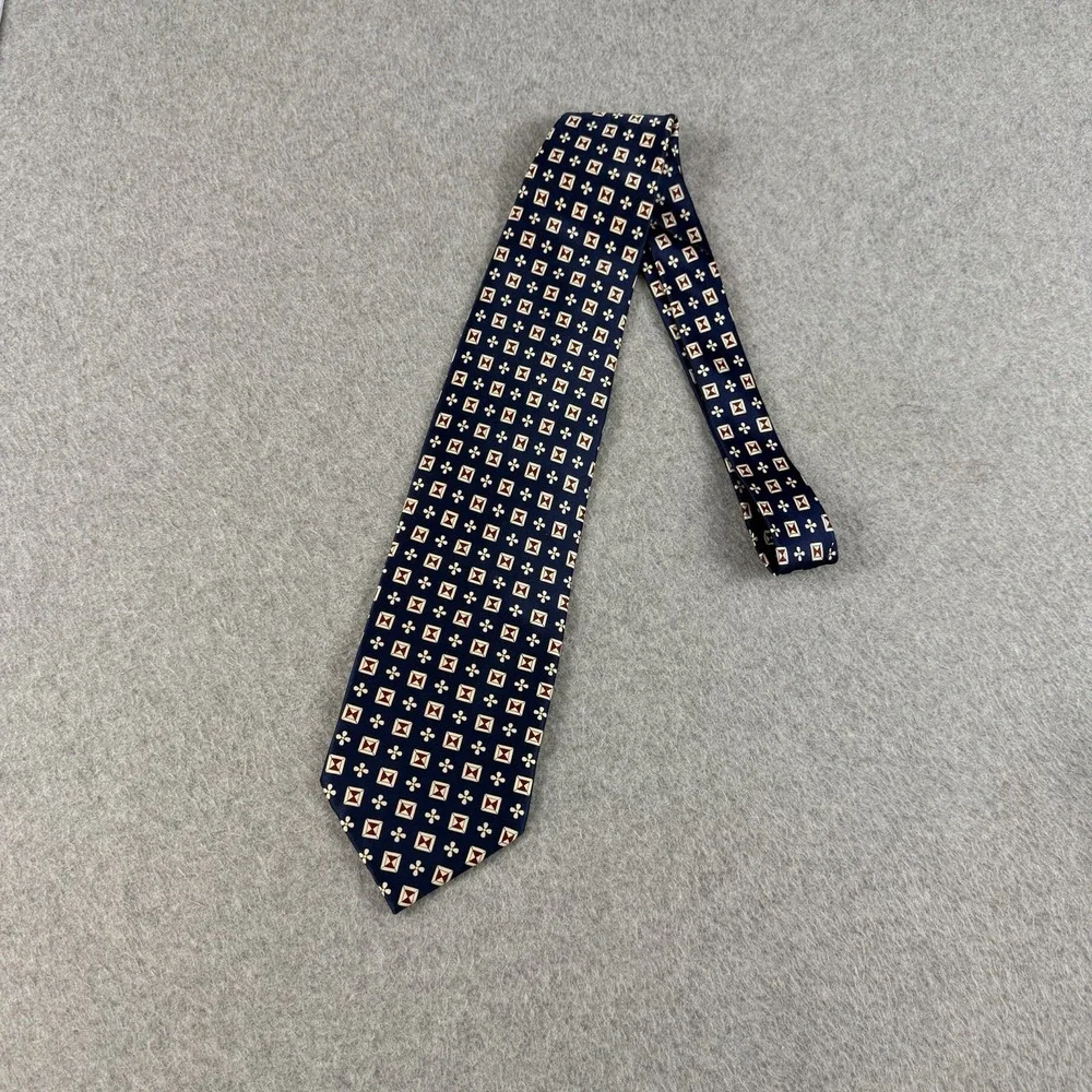 Vintage Dai Huang 100% Silk Handmade Navy Geometric Floral Necktie 55x3.9